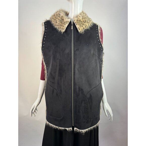 Dennis Basso Faux Fur Trimmed Studded Suede Vest Luxe Winter Layering Piece - Picture 16 of 16